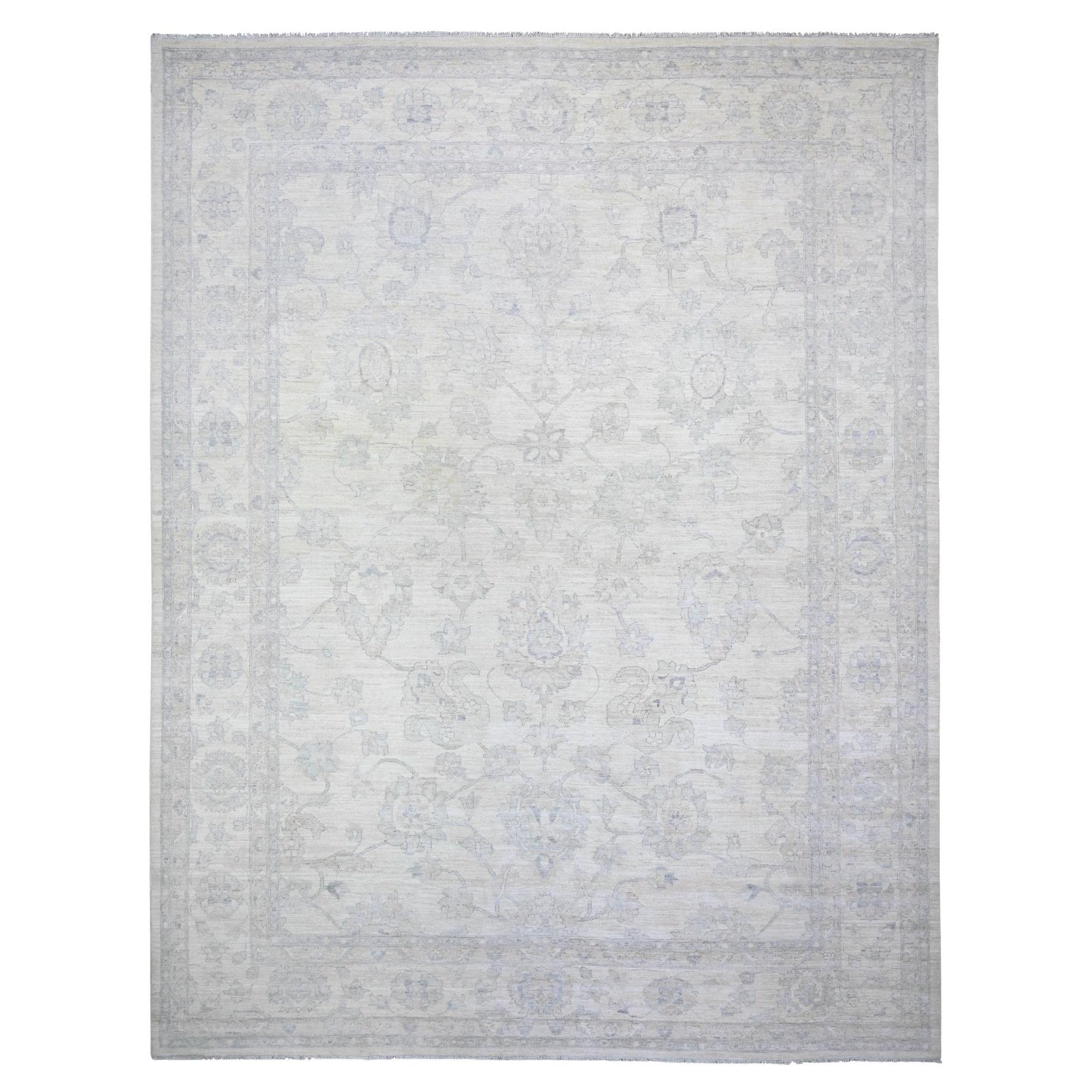 11'8"x15' Ivory Organic Wool White Wash Peshawar Hand Knotted Oversized Rug