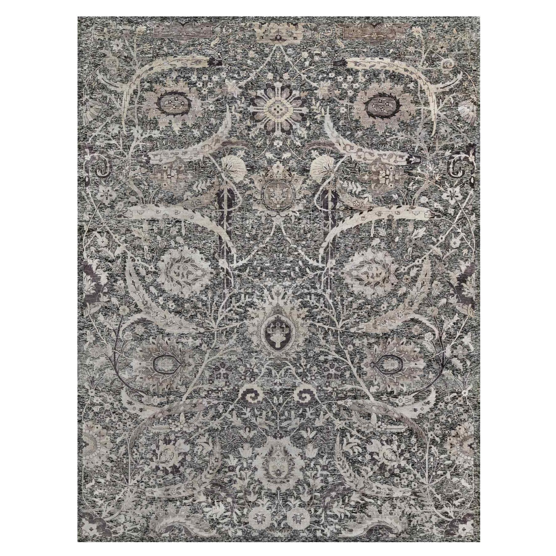 11'8 "x15' Mulch Brown Laine et soie nouée à la main Feuille de faucille Tapis surdimensionné