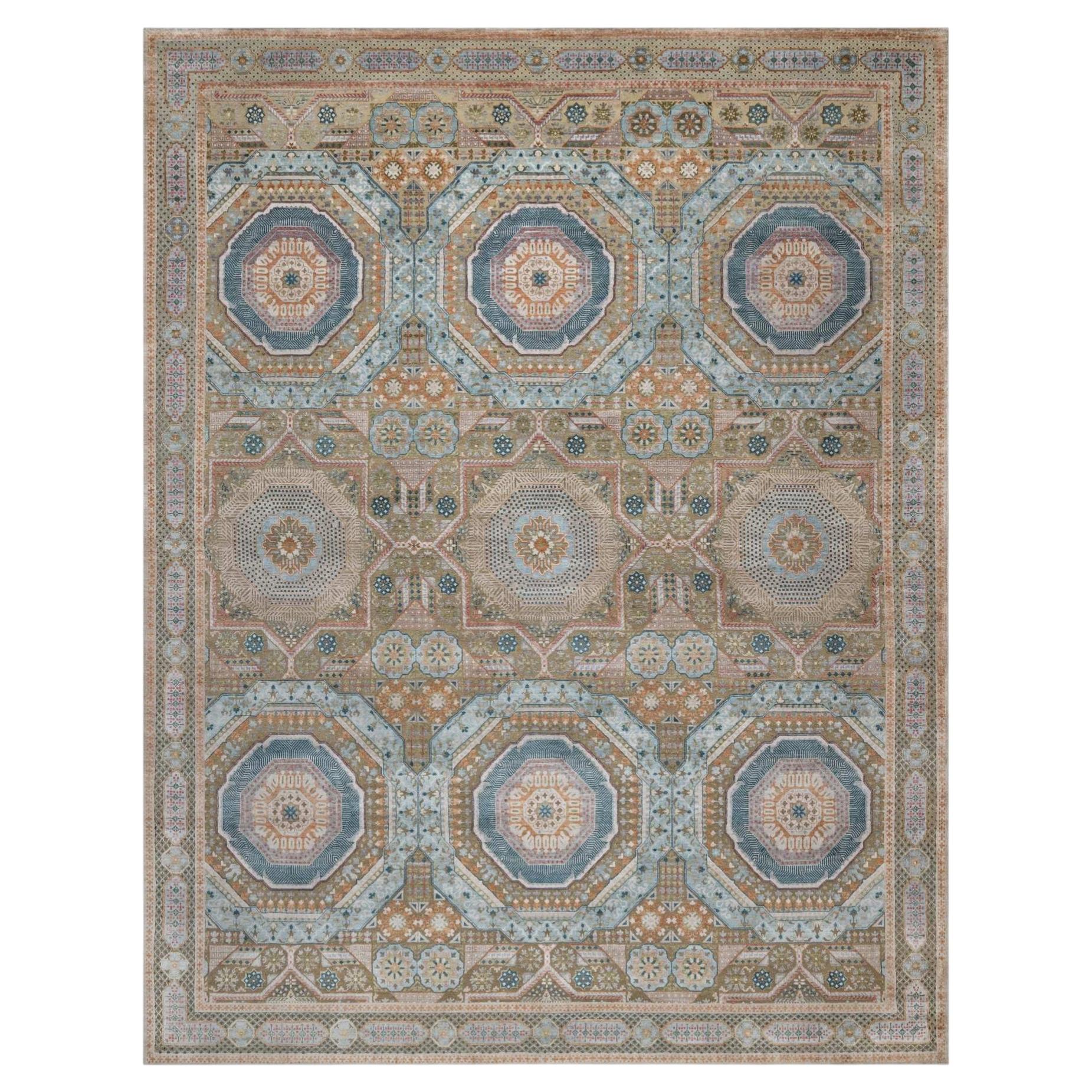 11'8"x15'1" Brown Mamluk Design with Medallions Hand Knotted Wool & Silk XL Rug