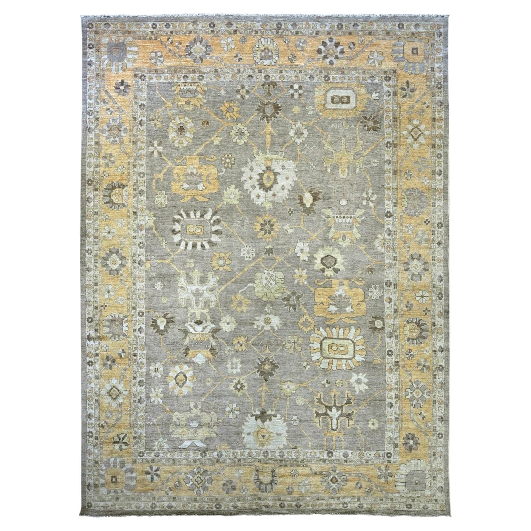 11'8"x15'2" Brown Angora Oushak Leaf Design Hand Knotted Pure Wool Oriental Rug