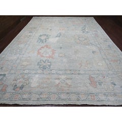 11'8 "x15'2" Azul Claro Alfombra XL de Lana Anudada a Mano con Diseño de Hojas de Angora Afgana Oushak