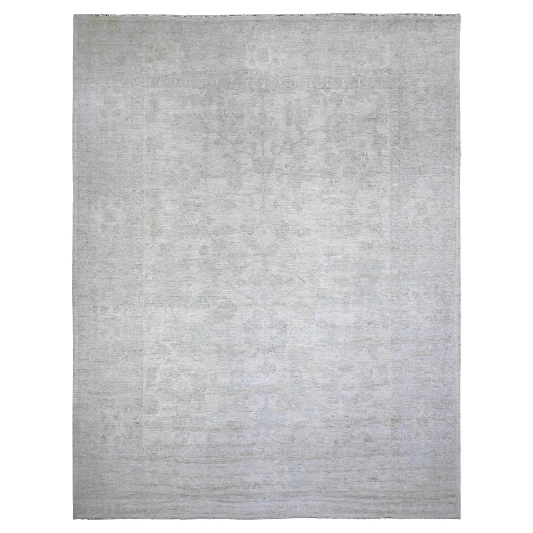 11'8"x15'2" Weißer handgeknüpfter afghanischer Angora Oushak 100% Wolle Orientalischer Teppich