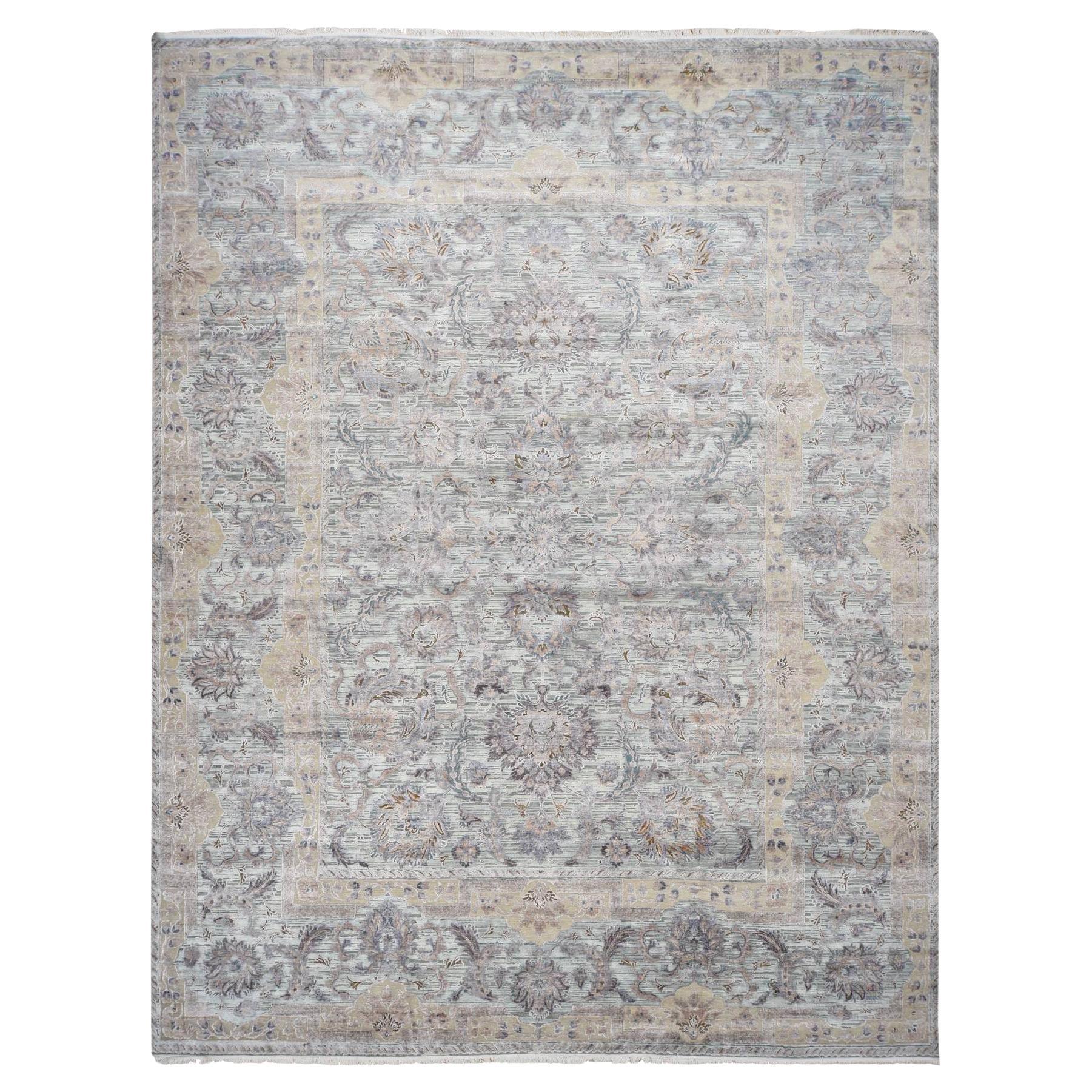11'8"x15'3" Green Hand Knotted Silk with Wool Mughal Empire Design Oversized Rug