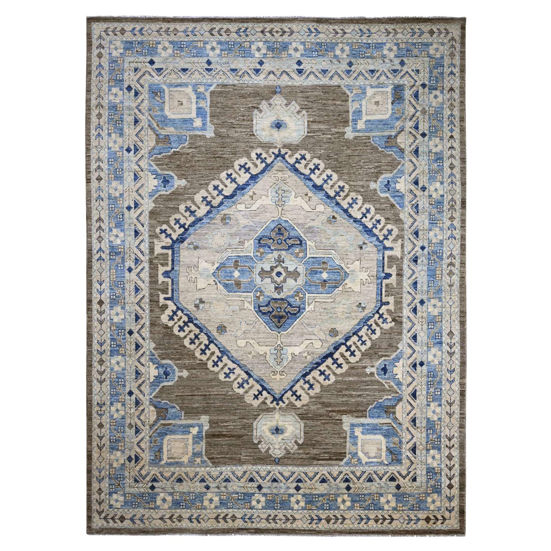11'8 "x15'6" Brown Afghan Peshawar Anatolian Village Design Handgeknüpfter Wollteppich im Angebot