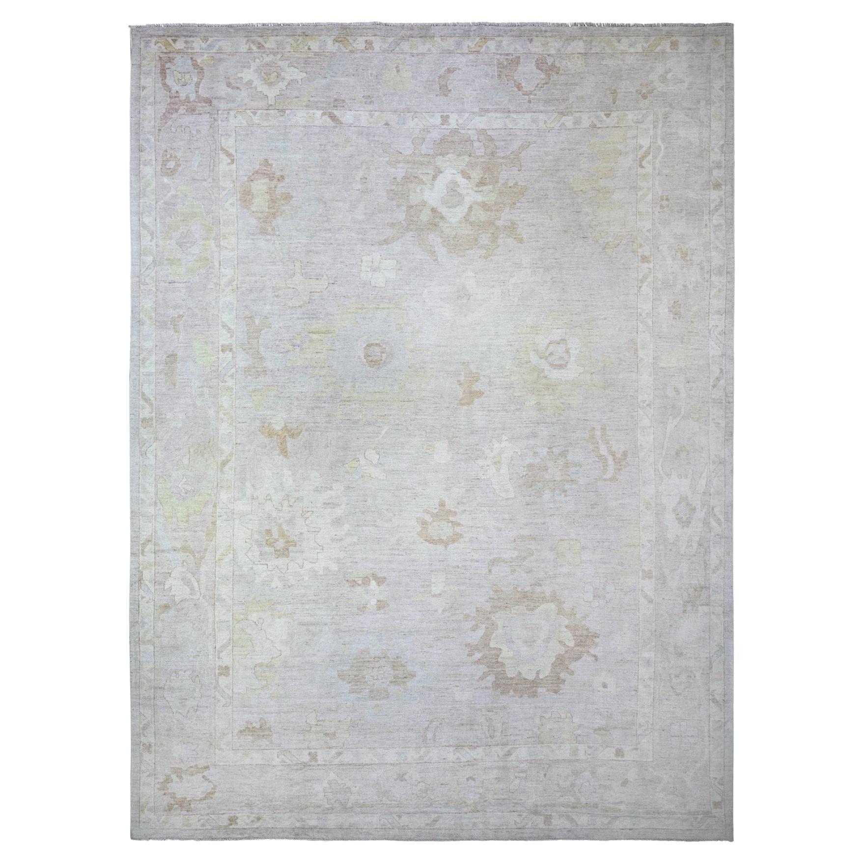 11'8"x15'6" Gray Afghan Angora Oushak Faded Colors Soft Wool Hand Knotted Rug