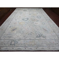 11'8 "x17'2" Grauer handgeknüpfter afghanischer Angora Oushak mit Blatt-Design Wolle XL Teppich