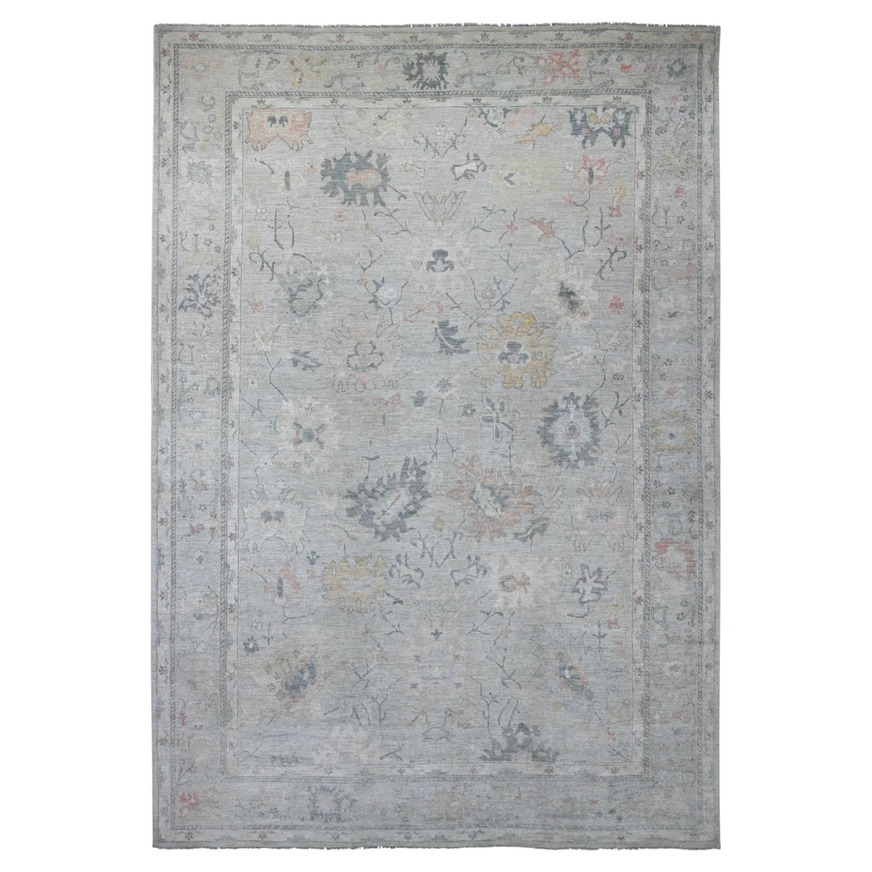 11'8"x17'2" Gray Hand Knotted Afghan Angora Oushak with Leaf Design Wool XL Rug For Sale