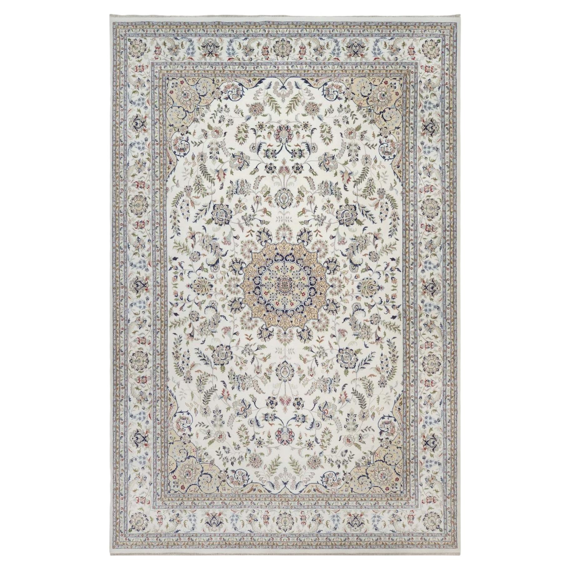 11'8" x 17'9" – Handgeknüpfter Teppich aus Wolle und Seide in Elfenbeinfarbe mit Nain-Medaillonmuster, 250 KPSI, XL-Format