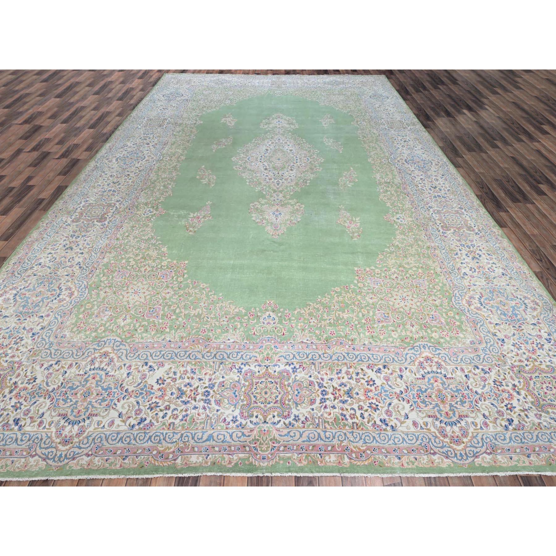 Basil Green, Vintage Persian Kerman, Clean and Soft, Worned Out and Distressed, 100% Wool, Hand Knotted, Sides and Ends Secured, No Holes, XL, Oversized, Oriental Rug
Primary materials: Wool
Latex: No Pile 
height: 0.25 Inches
Style:
