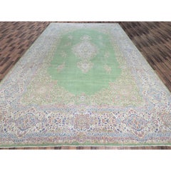 11'8"x19'3" Green Vintage Persian Kerman Clean and Soft Hand Knotted Wool XL Rug