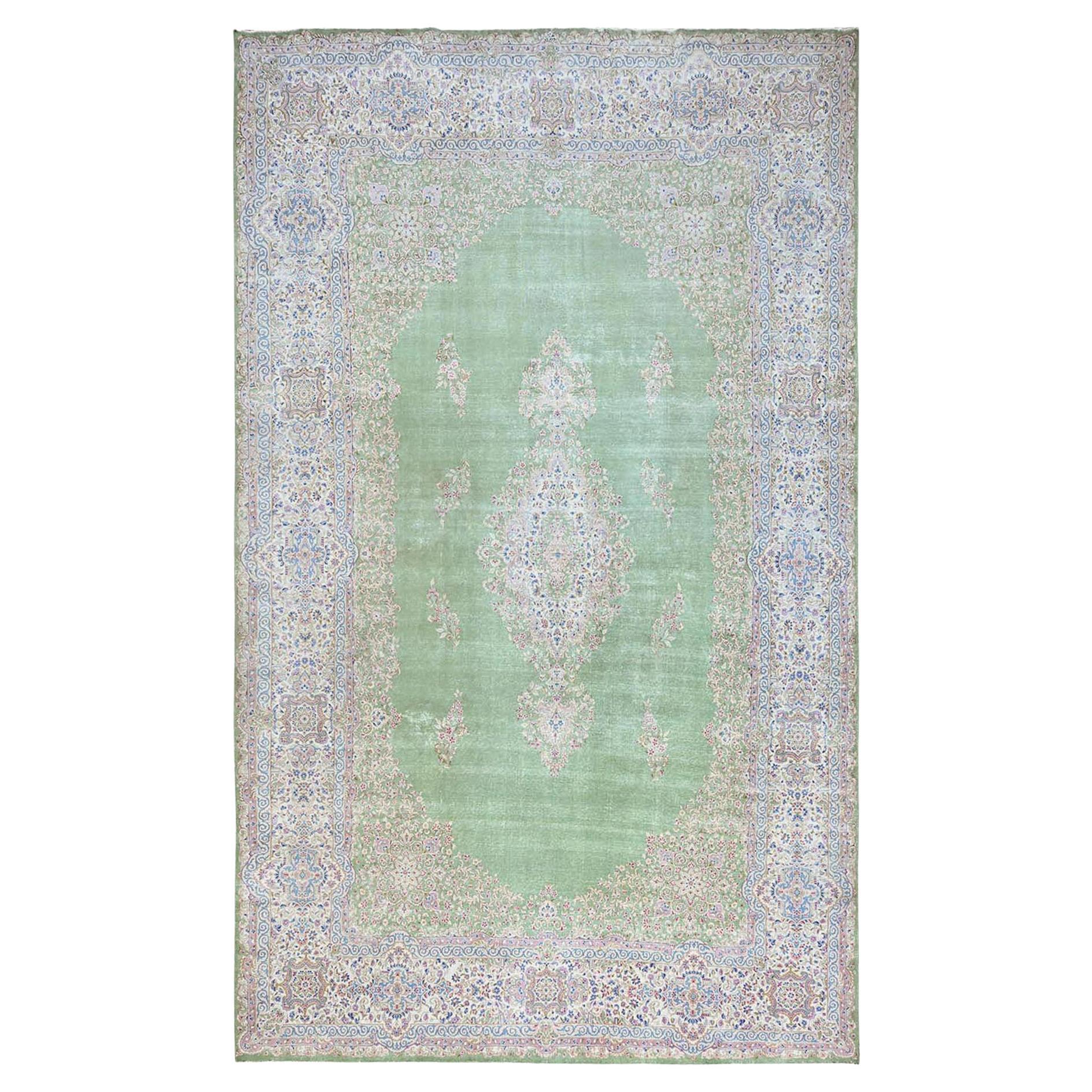11
8"x19
3" Green Vintage Persian Kerman Clean and Soft Hand Knotted Wool XL Rug