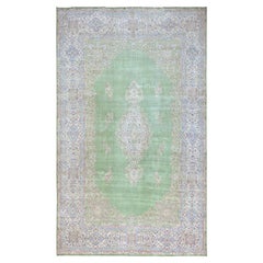 11
8"x19
3" Green Vintage Persian Kerman Clean and Soft Hand Knotted Wool XL Rug