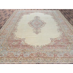 11'8"x19'5" Ivory Worn Out Vintage Zoroastrian Karman Hand Knotted Wool XL Rug