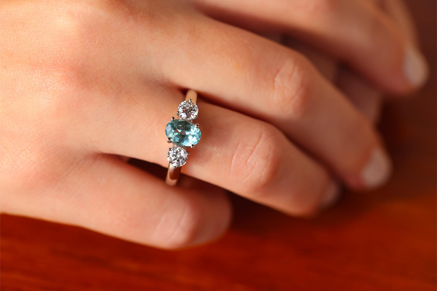 1.19 Carat Blue Paraiba Tourmaline & Sirius Star 3 stone Diamond Engagement Ring For Sale 6