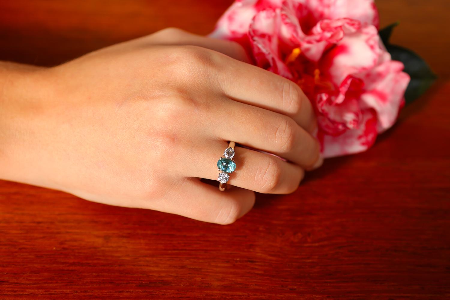 1.19 Carat Blue Paraiba Tourmaline & Sirius Star 3 stone Diamond Engagement Ring For Sale 7