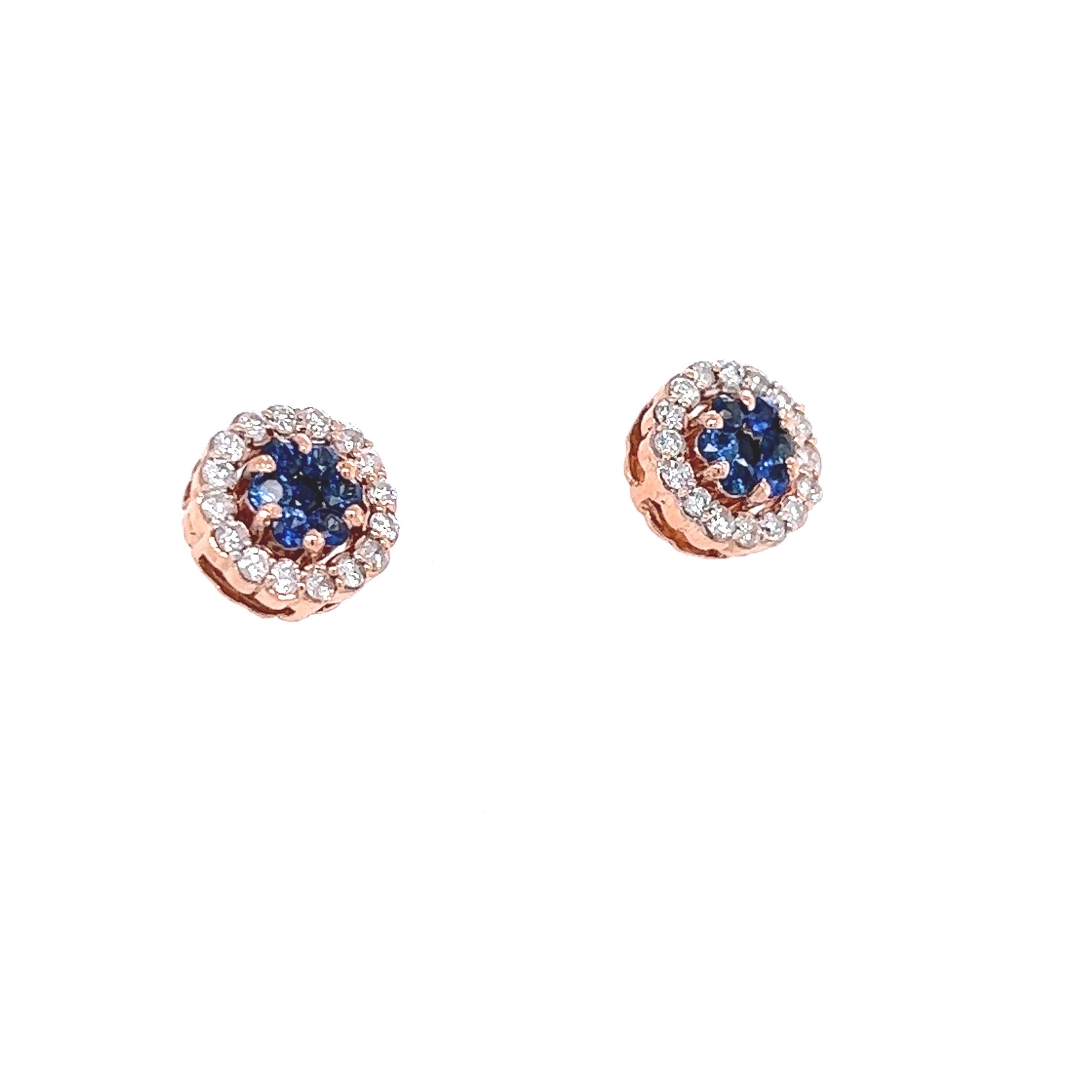 Contemporary 1.19 Carat Blue Sapphire Diamond Rose Gold Earrings For Sale