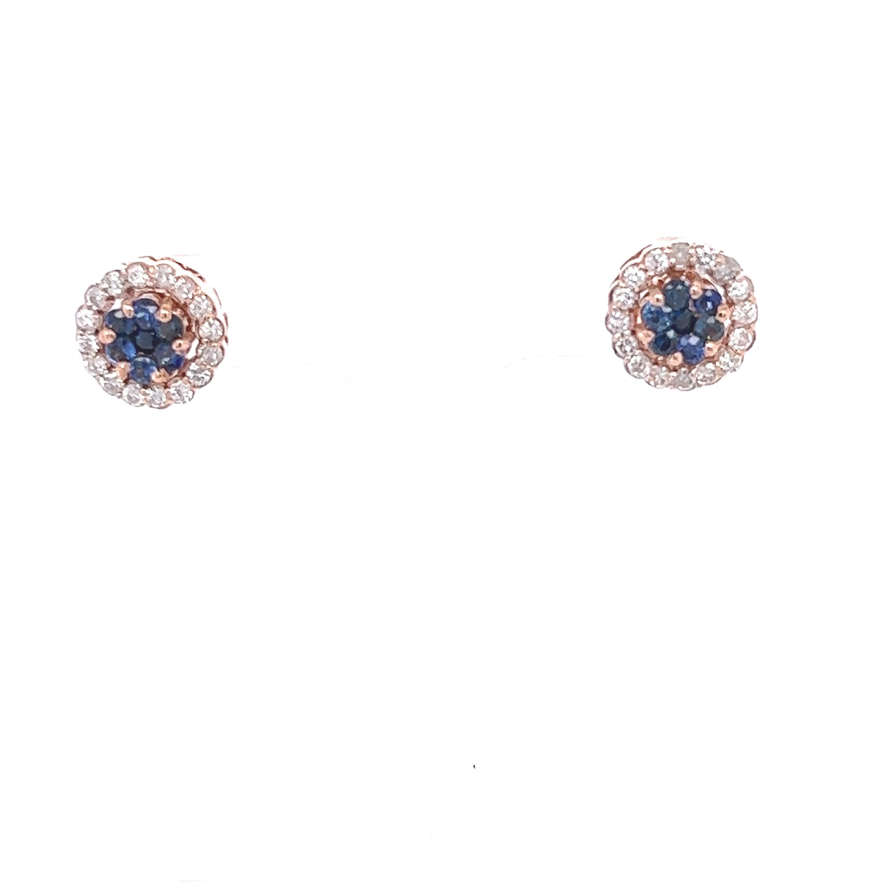 Round Cut 1.19 Carat Blue Sapphire Diamond Rose Gold Earrings For Sale