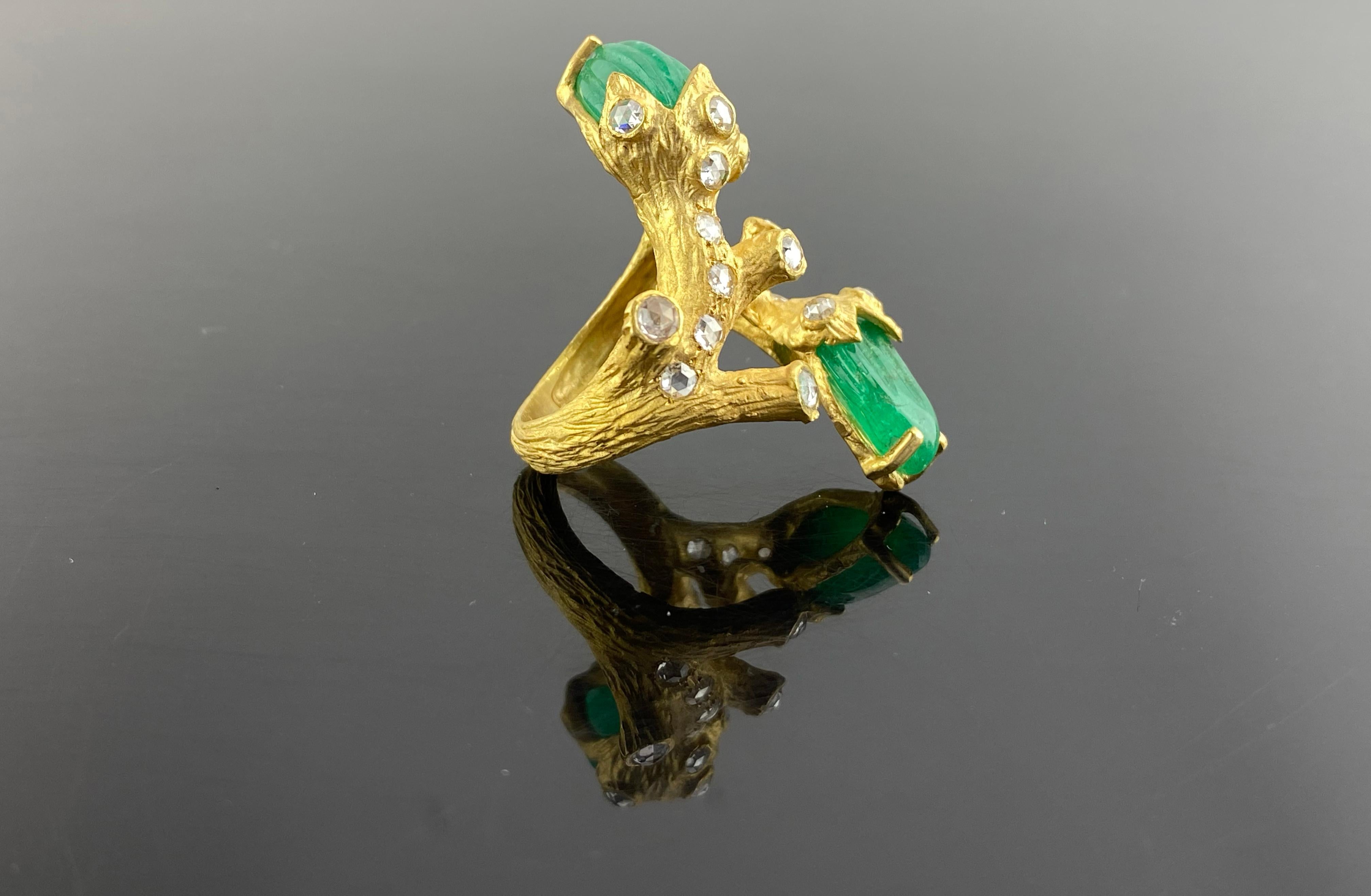 Art Deco 11.9 Carat Carved Colombian Emerald and Diamond Cocktail Ring For Sale