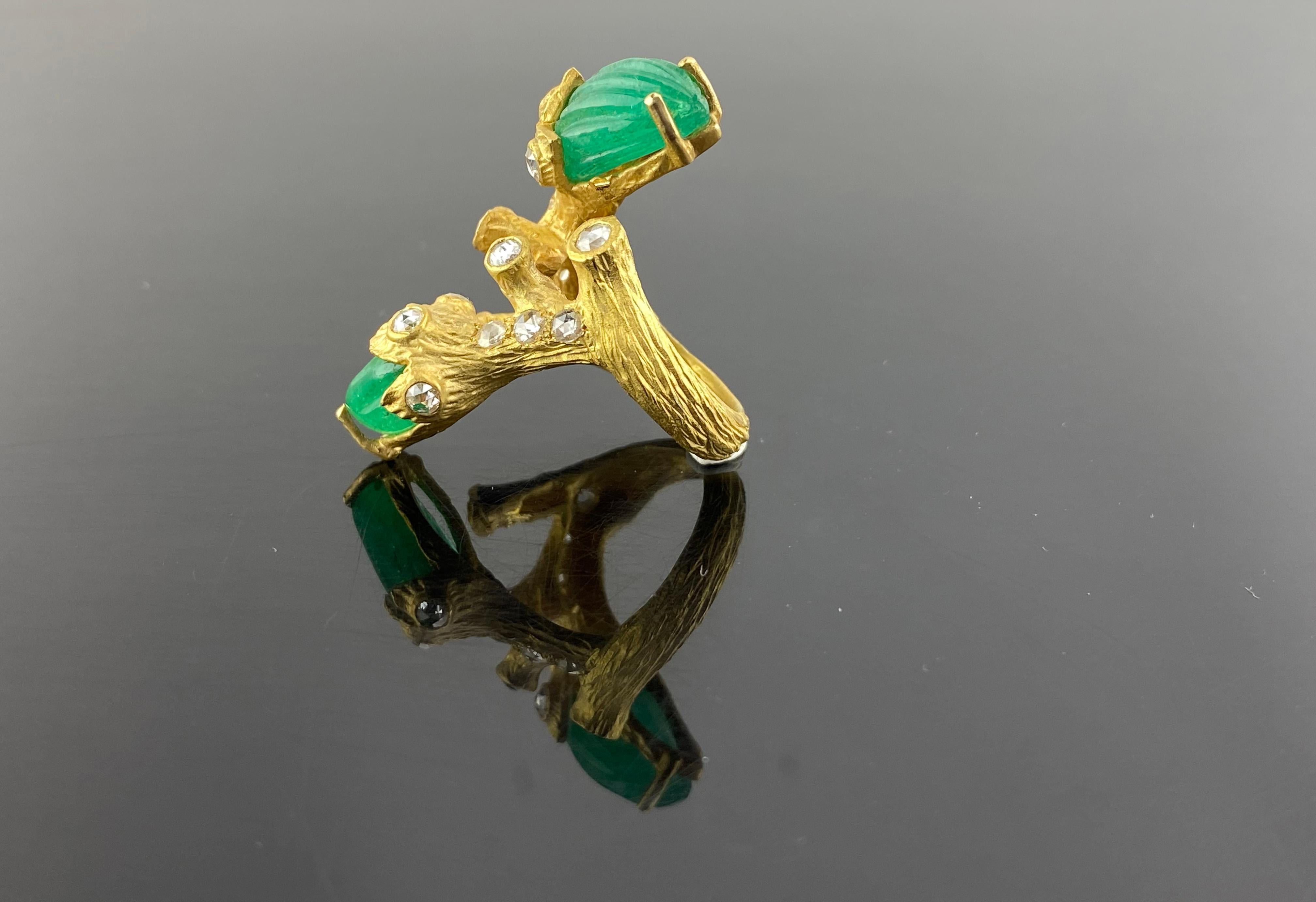 Old European Cut 11.9 Carat Carved Colombian Emerald and Diamond Cocktail Ring For Sale