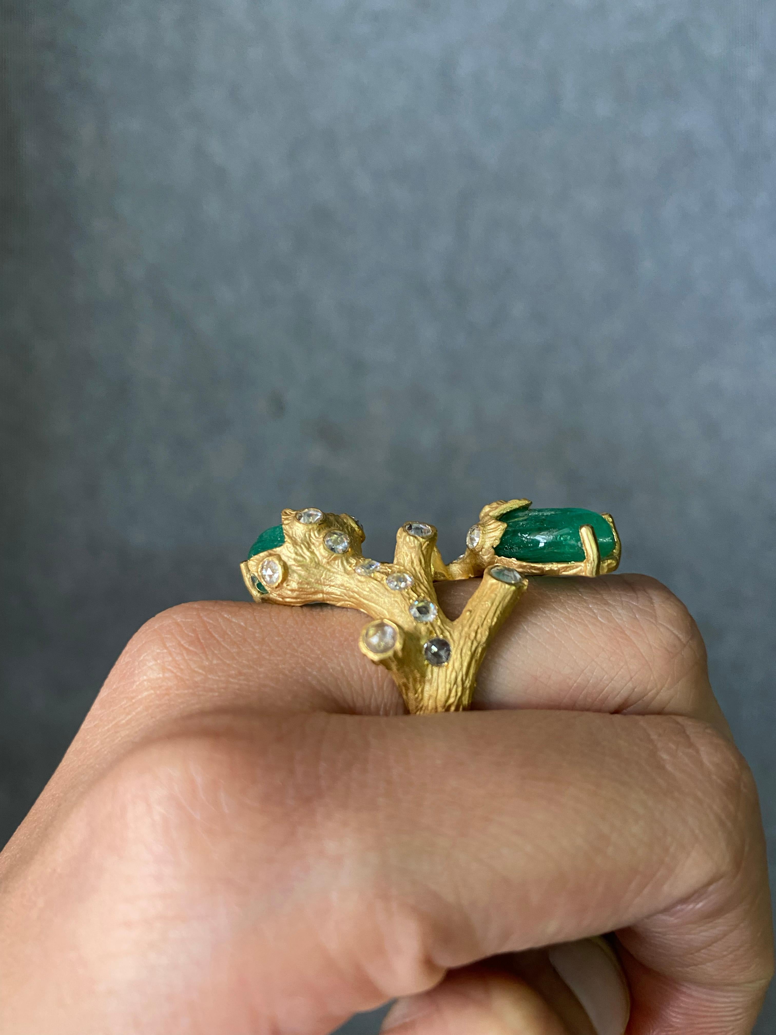11.9 Carat Carved Colombian Emerald and Diamond Cocktail Ring For Sale 2