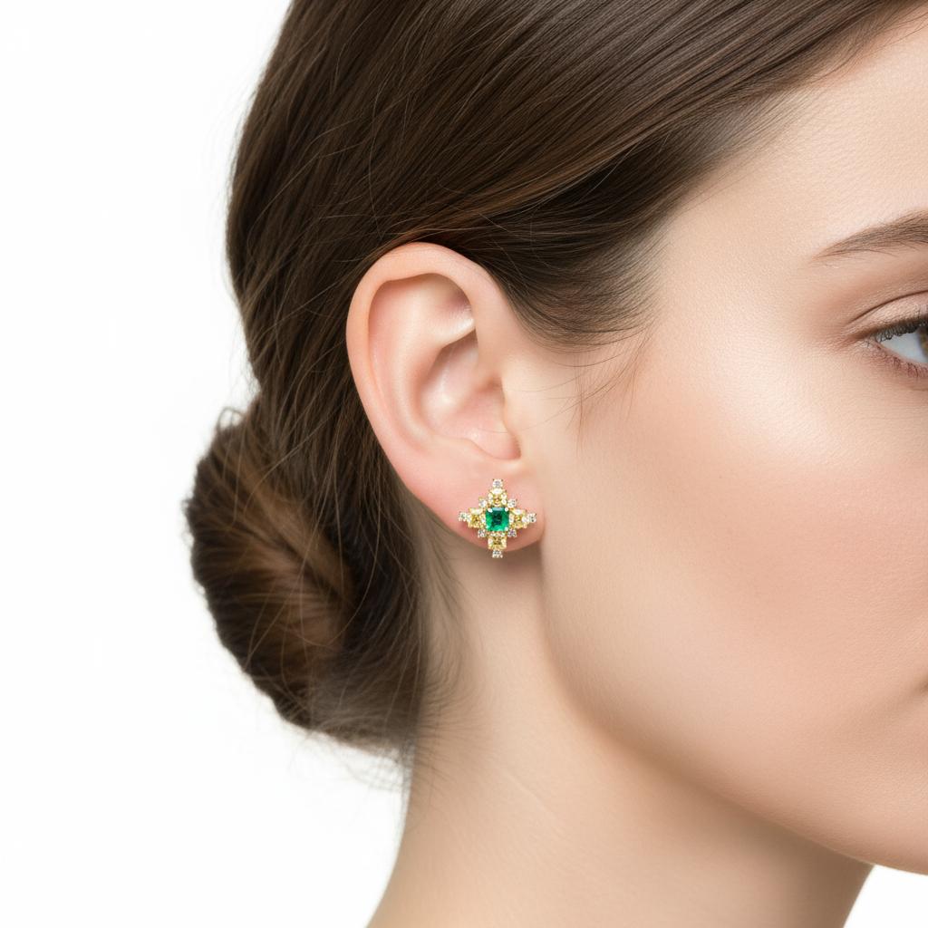 Boucles d'oreilles en or jaune 18 carats, émeraude colombienne de 1,19 carat et diamant, Austy Lee en vente 2