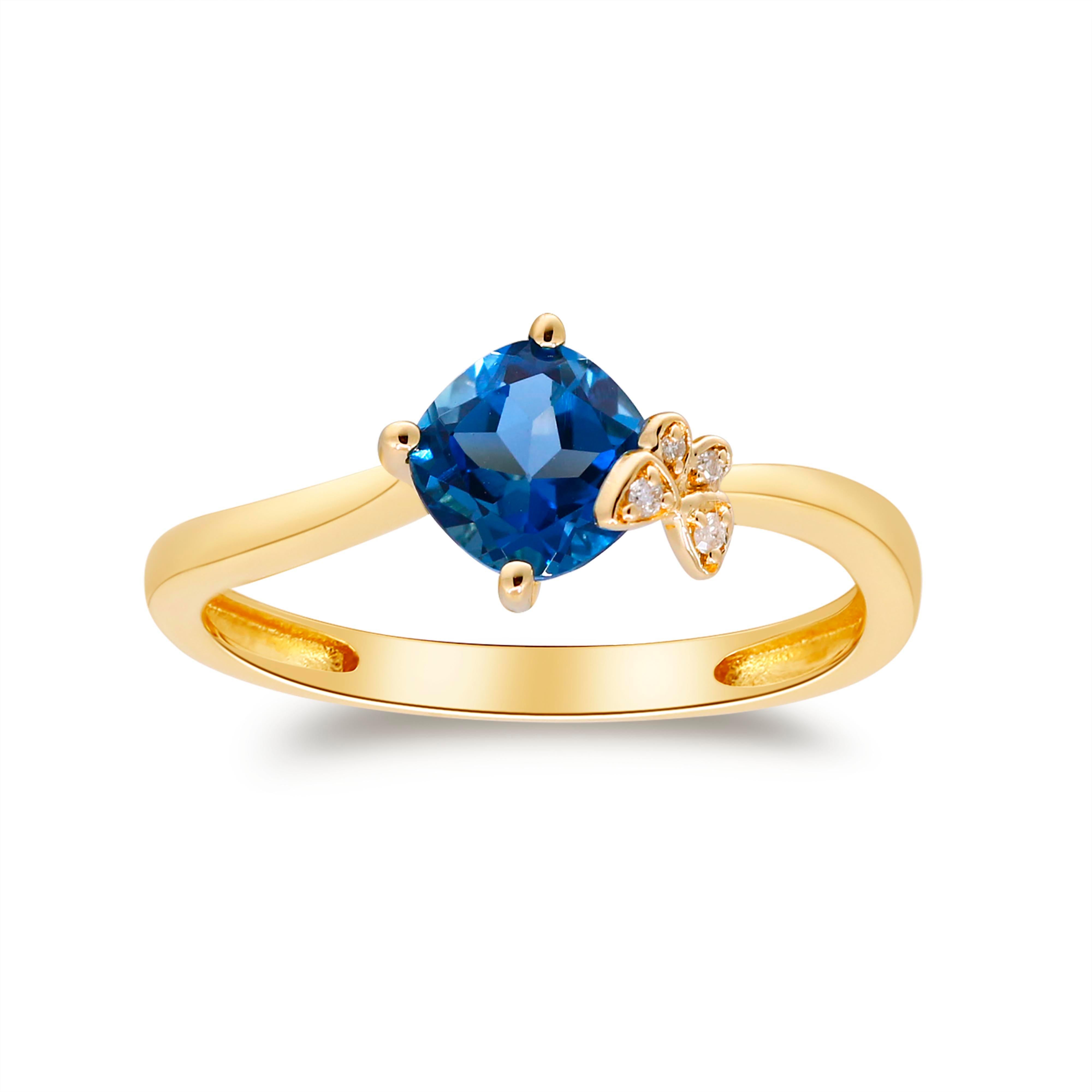 Women's 1.19 Carat Cushion-Cut London Blue Topaz Diamond Accents 14K Yellow Gold Ring For Sale