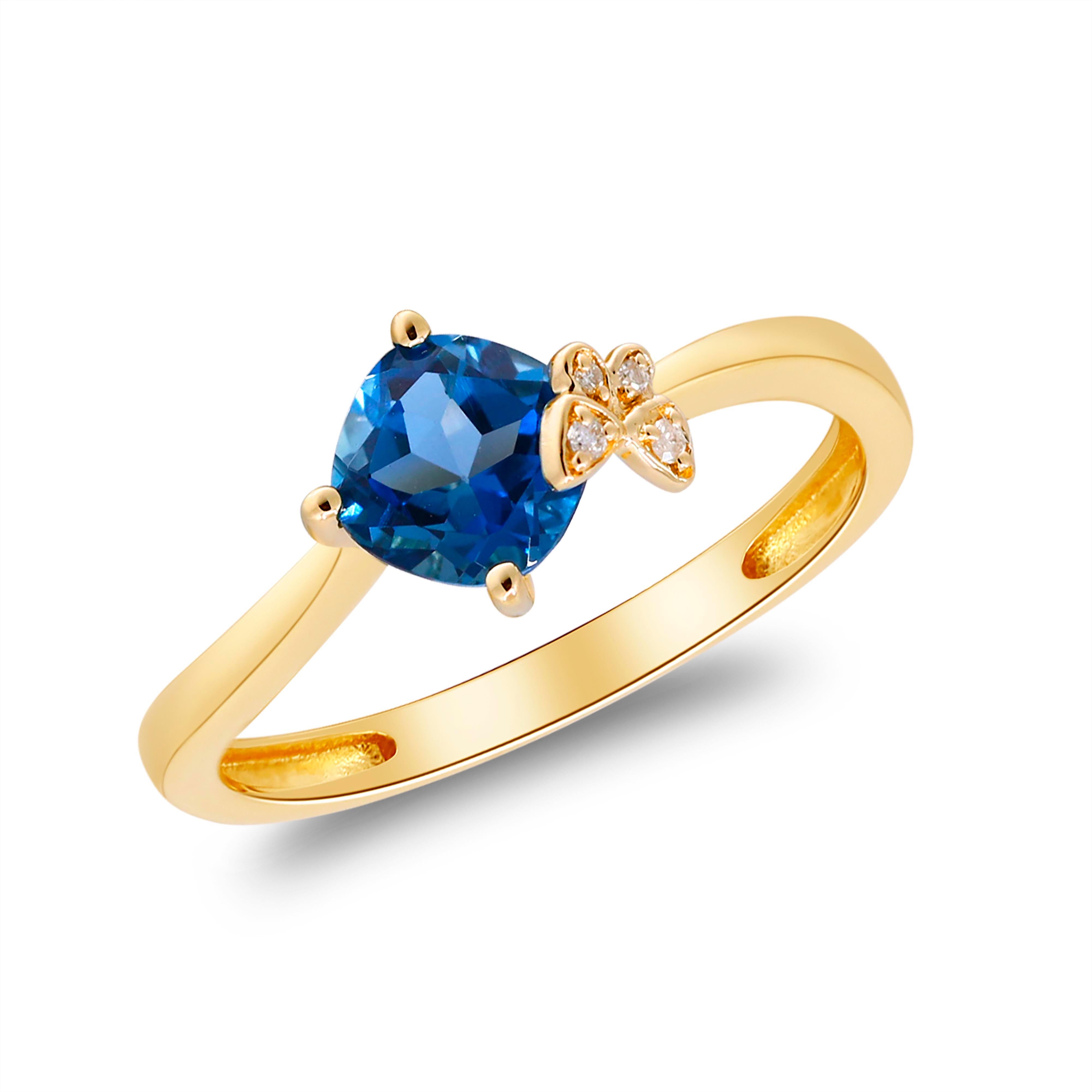 1.19 Carat Cushion-Cut London Blue Topaz Diamond Accents 14K Yellow Gold Ring In New Condition For Sale In New York, NY