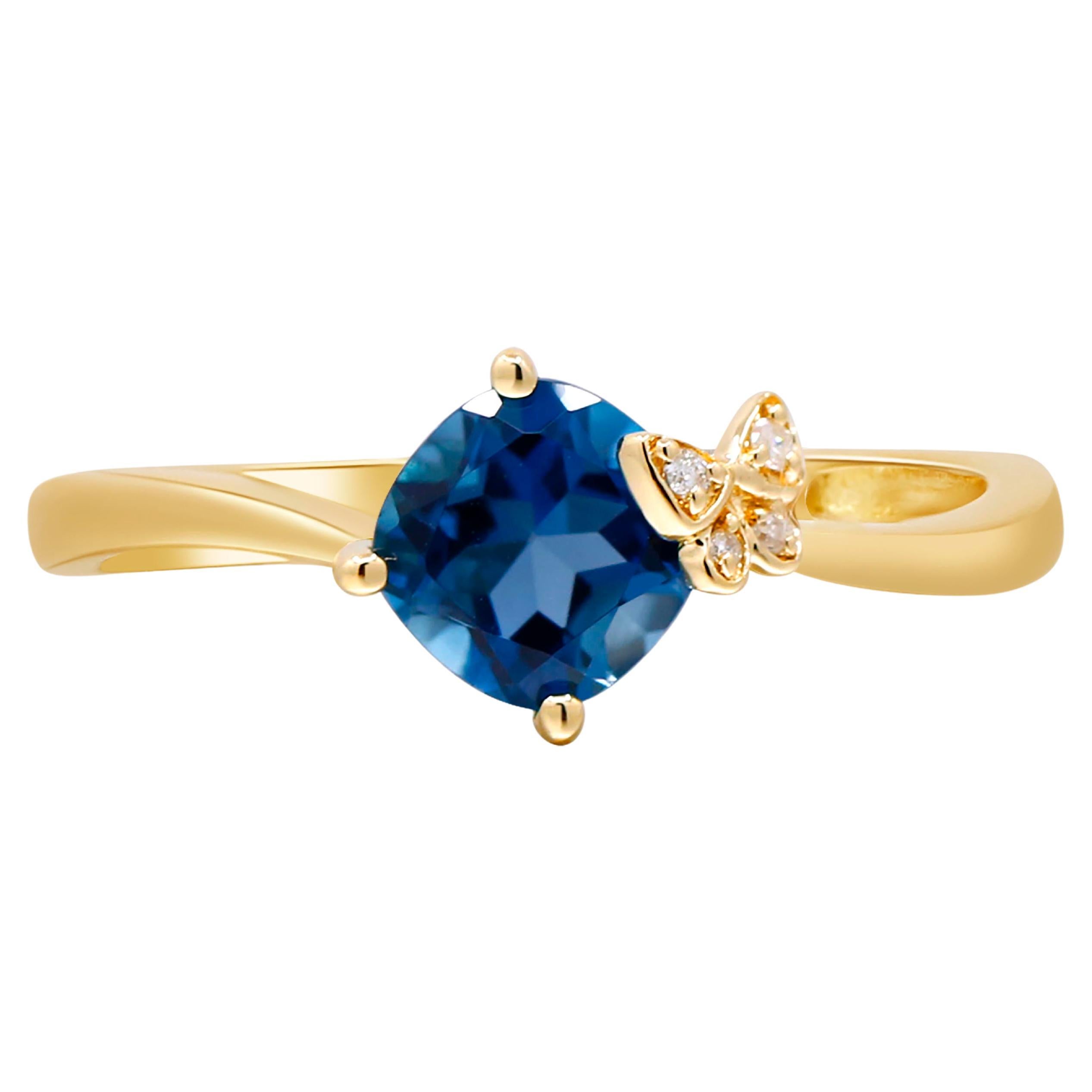 1.19 Carat Cushion-Cut London Blue Topaz Diamond Accents 14K Yellow Gold Ring For Sale