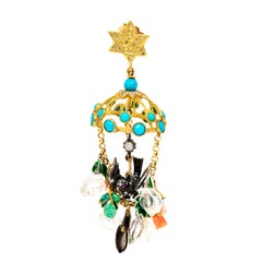 21st Century Diamonds Blue Green Turquoises Coral Star Roses Birds Gold Earrings
