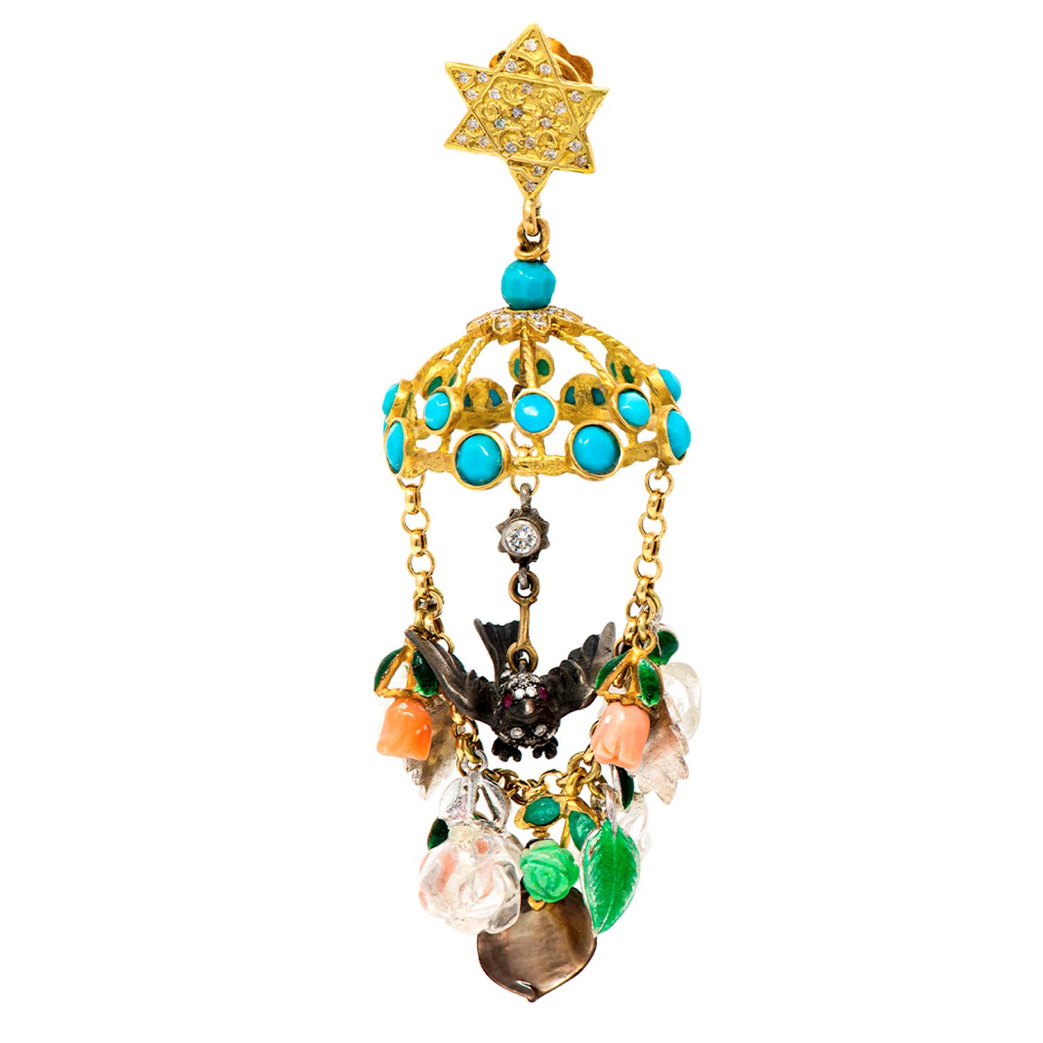 Modern 21st Century Diamonds Blue Green Turquoises Coral Star Roses Birds Gold Earrings