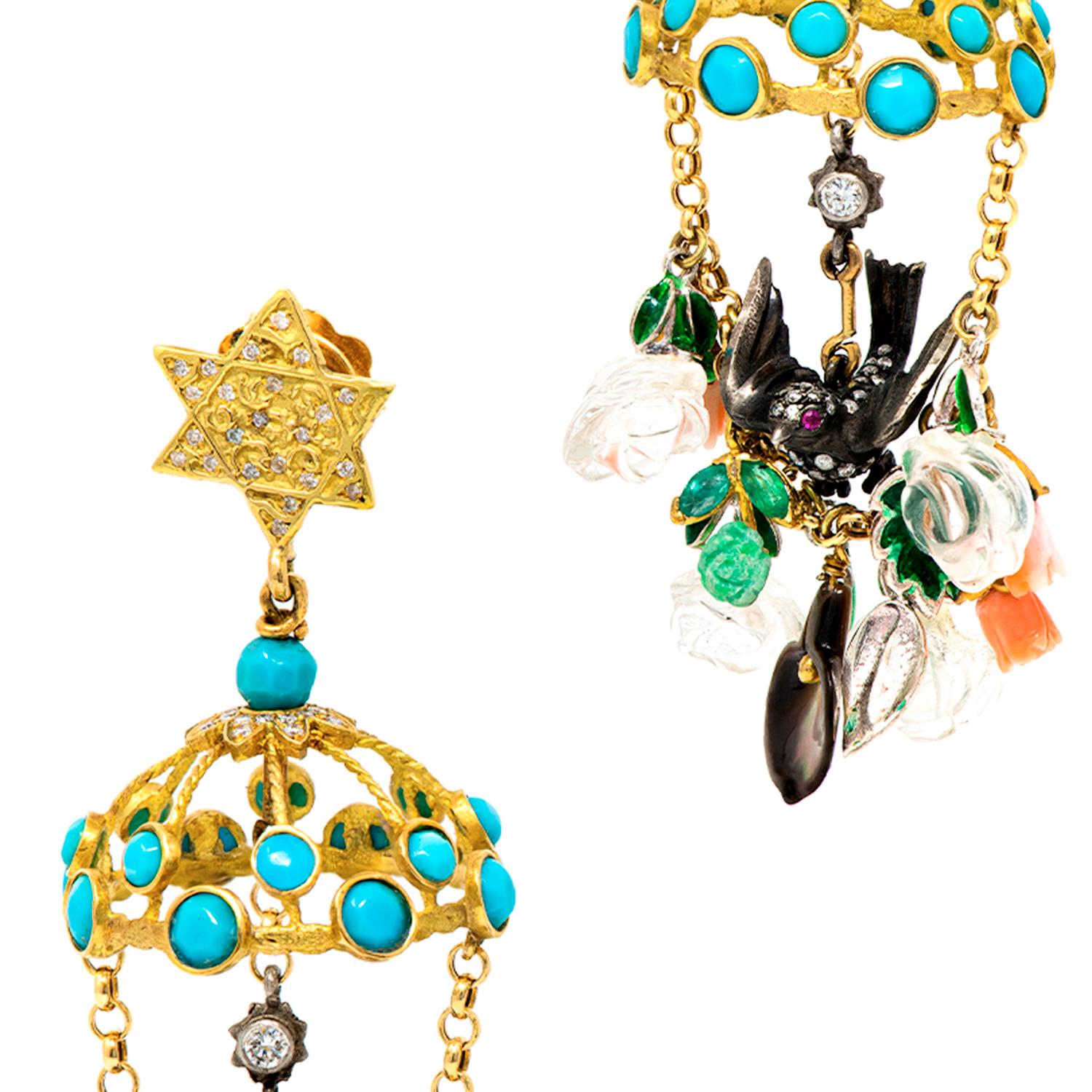 Brilliant Cut 21st Century Diamonds Blue Green Turquoises Coral Star Roses Birds Gold Earrings