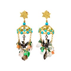 21st Century Diamonds Blue Green Turquoises Coral Star Roses Birds Gold Earrings