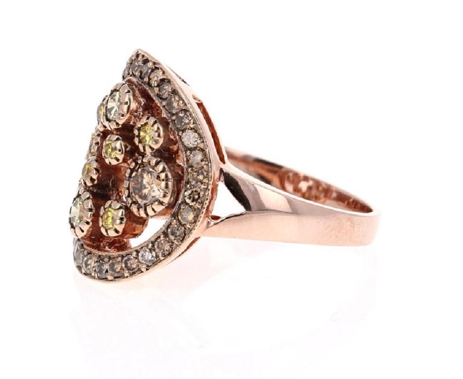 Contemporary 1.19 Carat Fancy Colored Diamond 14 Karat Rose Gold Cocktail Ring For Sale