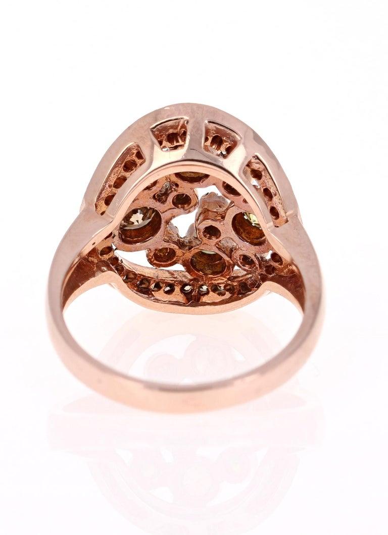 Round Cut 1.19 Carat Fancy Colored Diamond 14 Karat Rose Gold Cocktail Ring For Sale