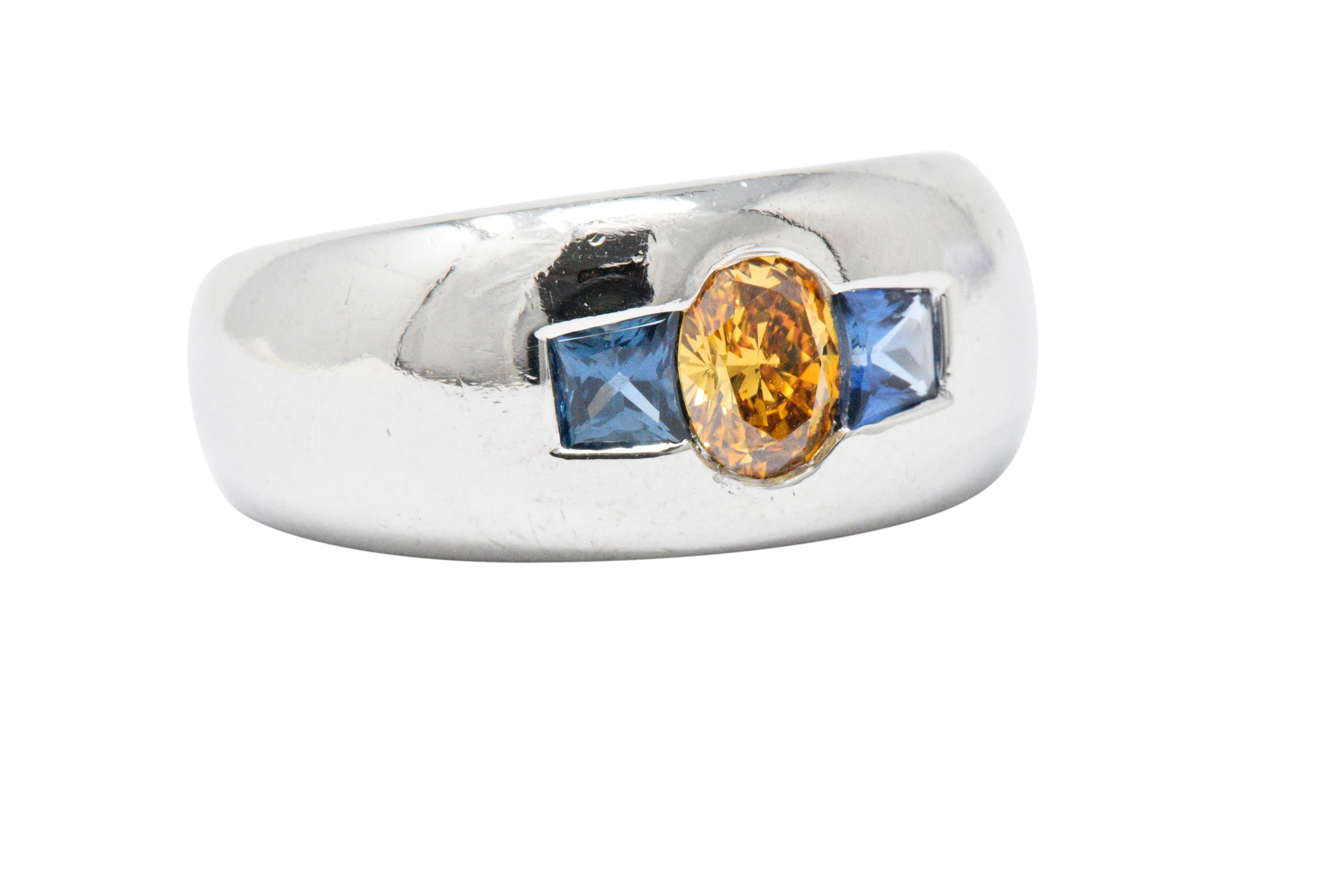 Round Cut 1.19 Carat Fancy Yellow-Orange Diamond, Sapphire and Platinum Men's Ring, GIA