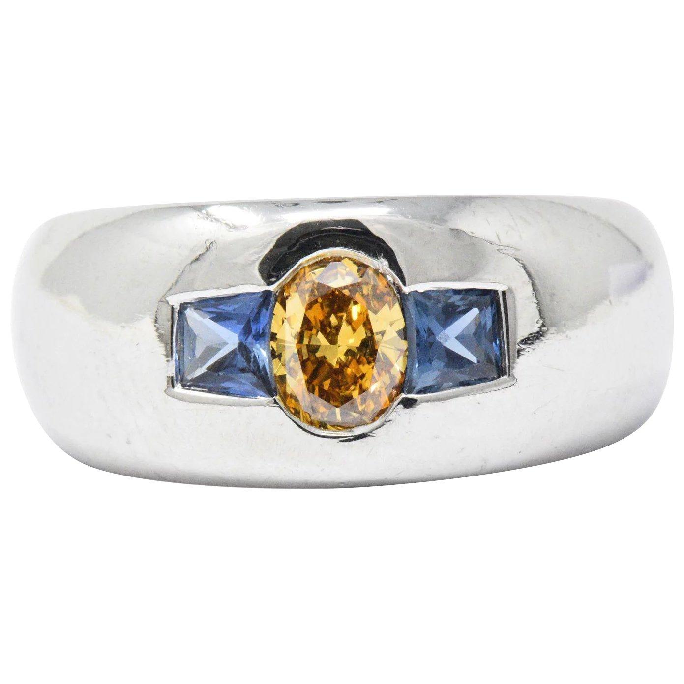 1.19 Carat Fancy Yellow-Orange Diamond, Sapphire and Platinum Men's Ring, GIA