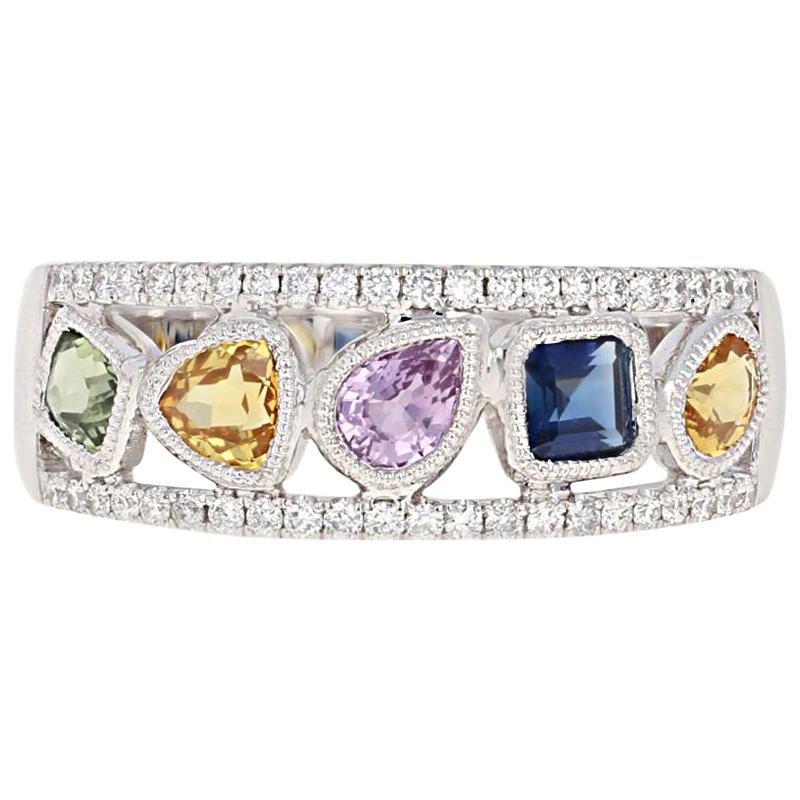 1.19 Carat Multi-Color Sapphire and Diamond Ring, 14 Karat White Gold Milgrain