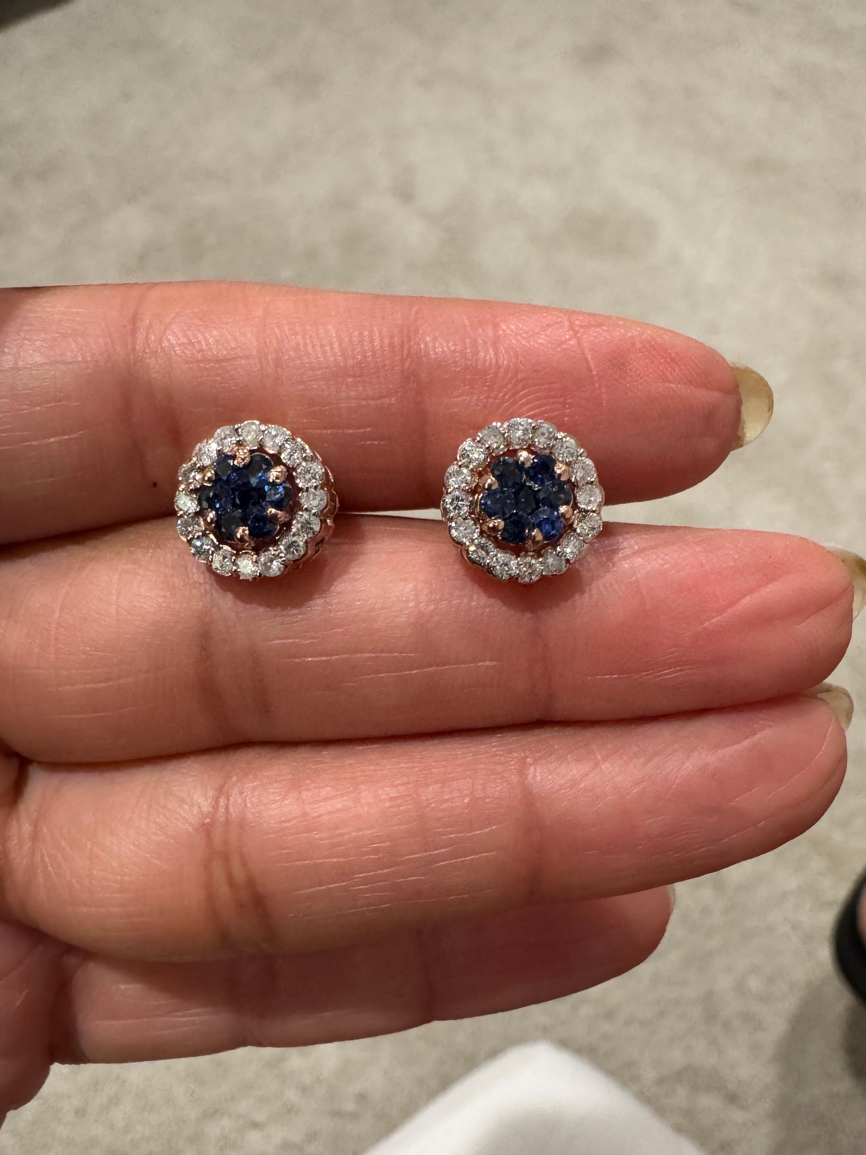 1,19 Karat Natürlicher Blauer Saphir Diamant Rose Gold Ohrstecker für Damen oder Herren im Angebot