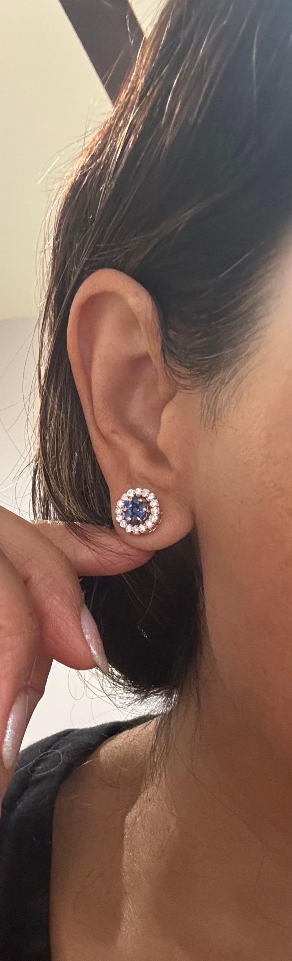 1,19 Karat Natürlicher Blauer Saphir Diamant Rose Gold Ohrstecker im Angebot 2