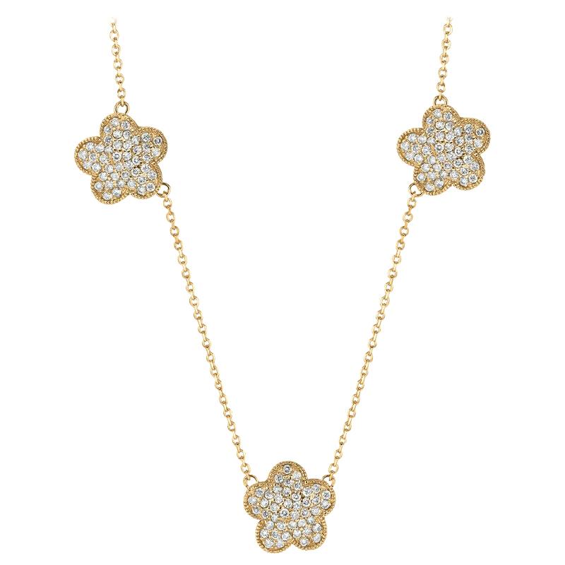 1.19 Carat Natural Diamond Floral Cluster Necklace 14 Karat Yellow Gold G SI