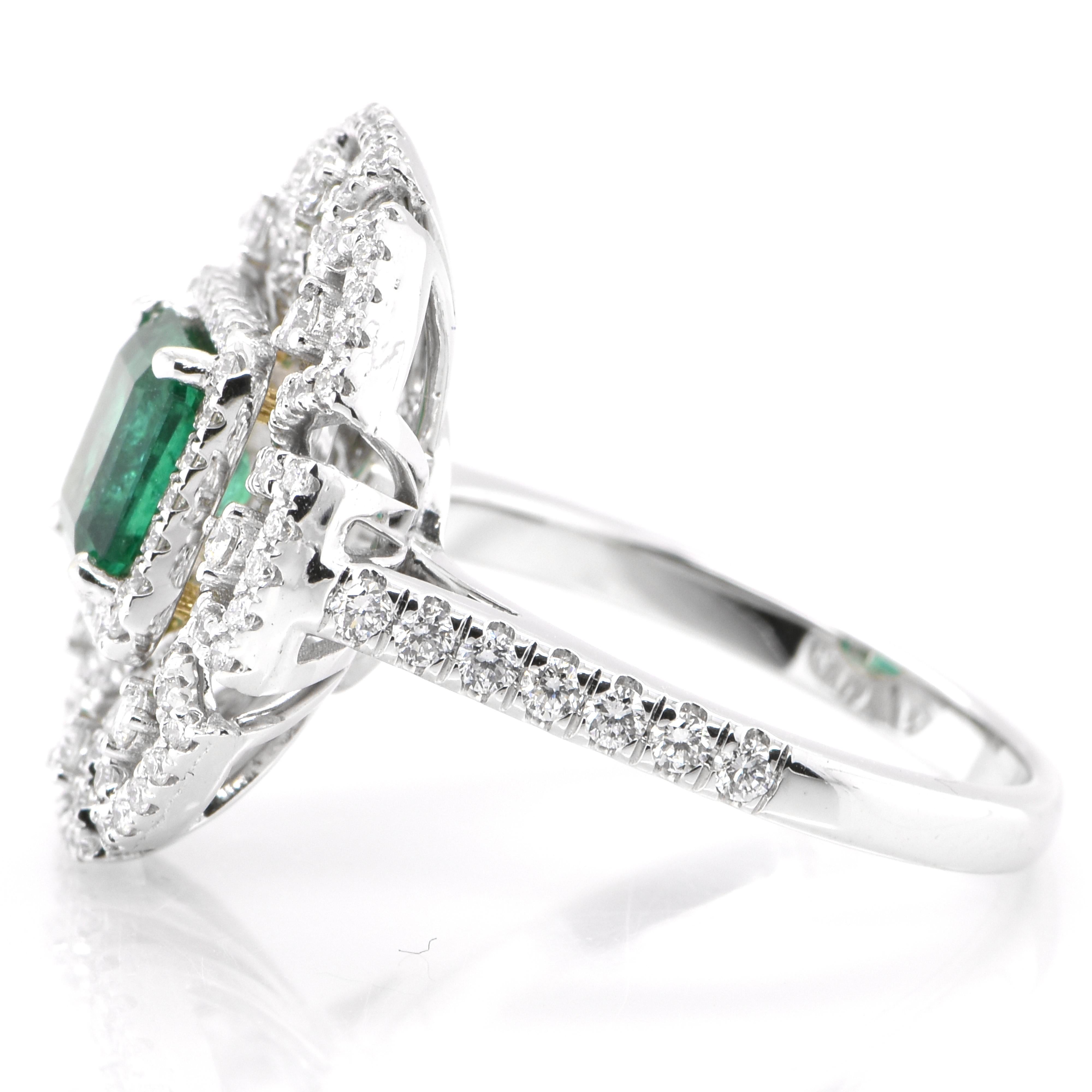 Emerald Cut 1.19 Carat Natural Emerald and Diamond Cocktail Ring Set in 18K White Gold For Sale