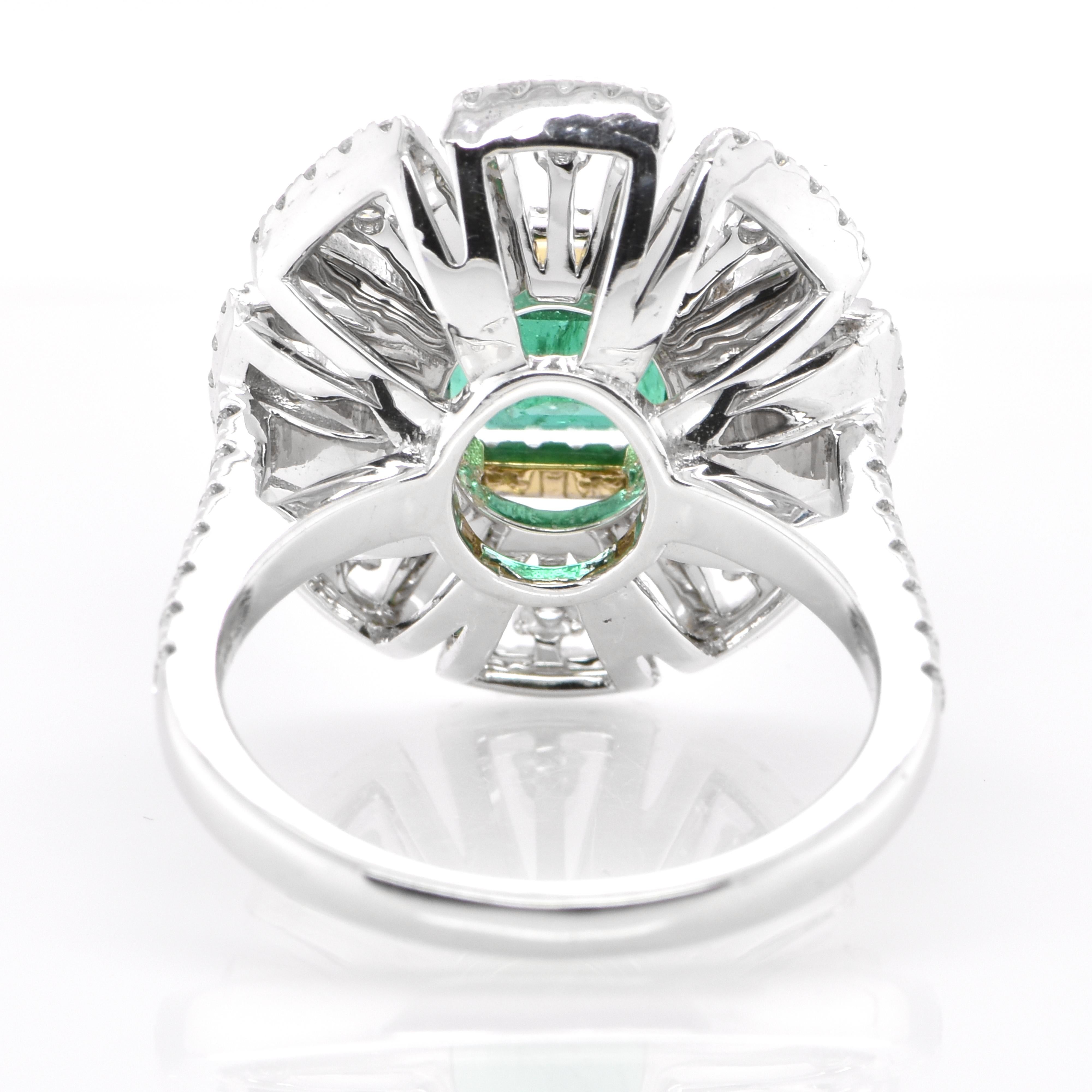 Women's 1.19 Carat Natural Emerald and Diamond Cocktail Ring Set in 18K White Gold For Sale