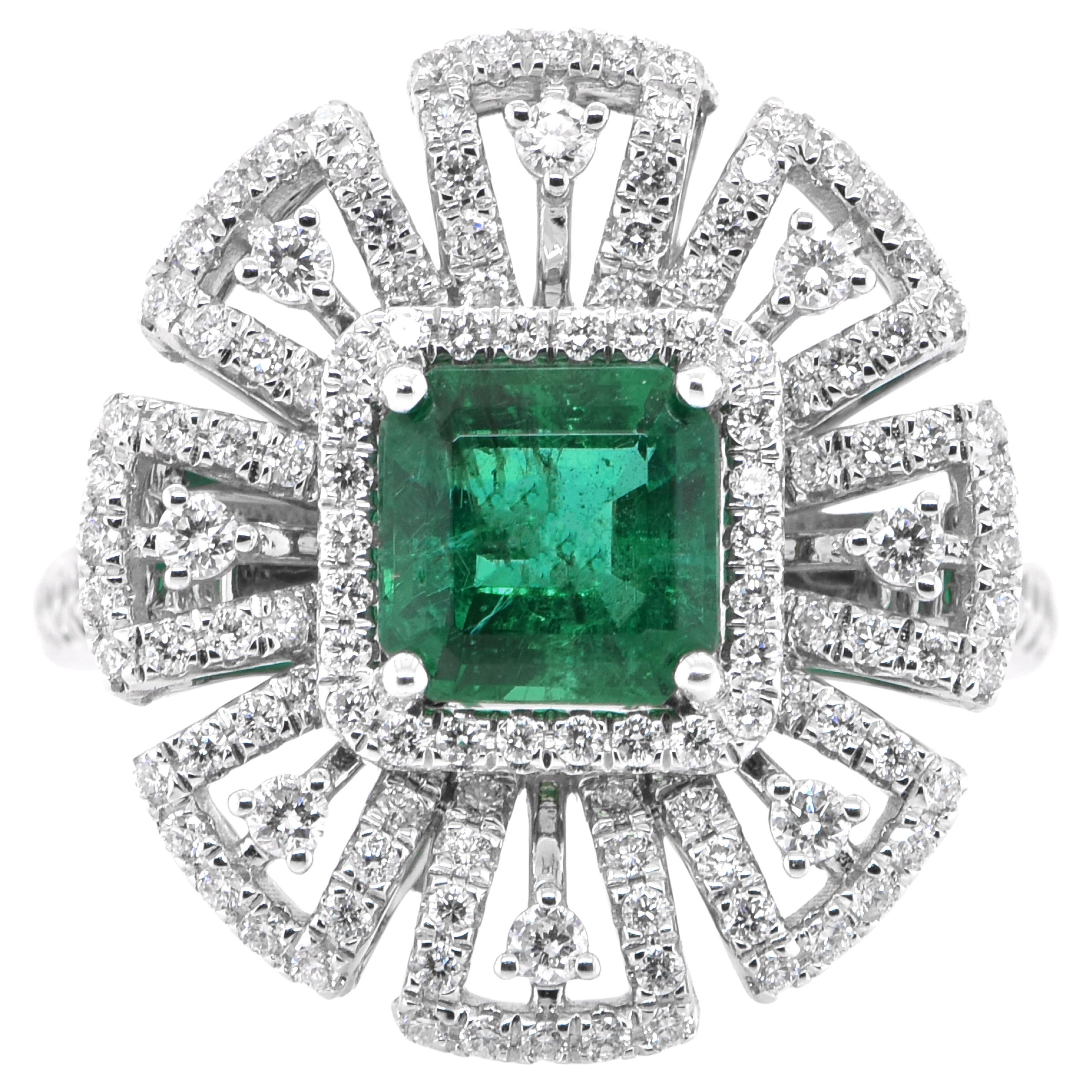 1.19 Carat Natural Emerald and Diamond Cocktail Ring Set in 18K White Gold For Sale