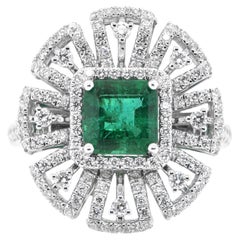 1.19 Carat Natural Emerald and Diamond Cocktail Ring Set in 18K White Gold