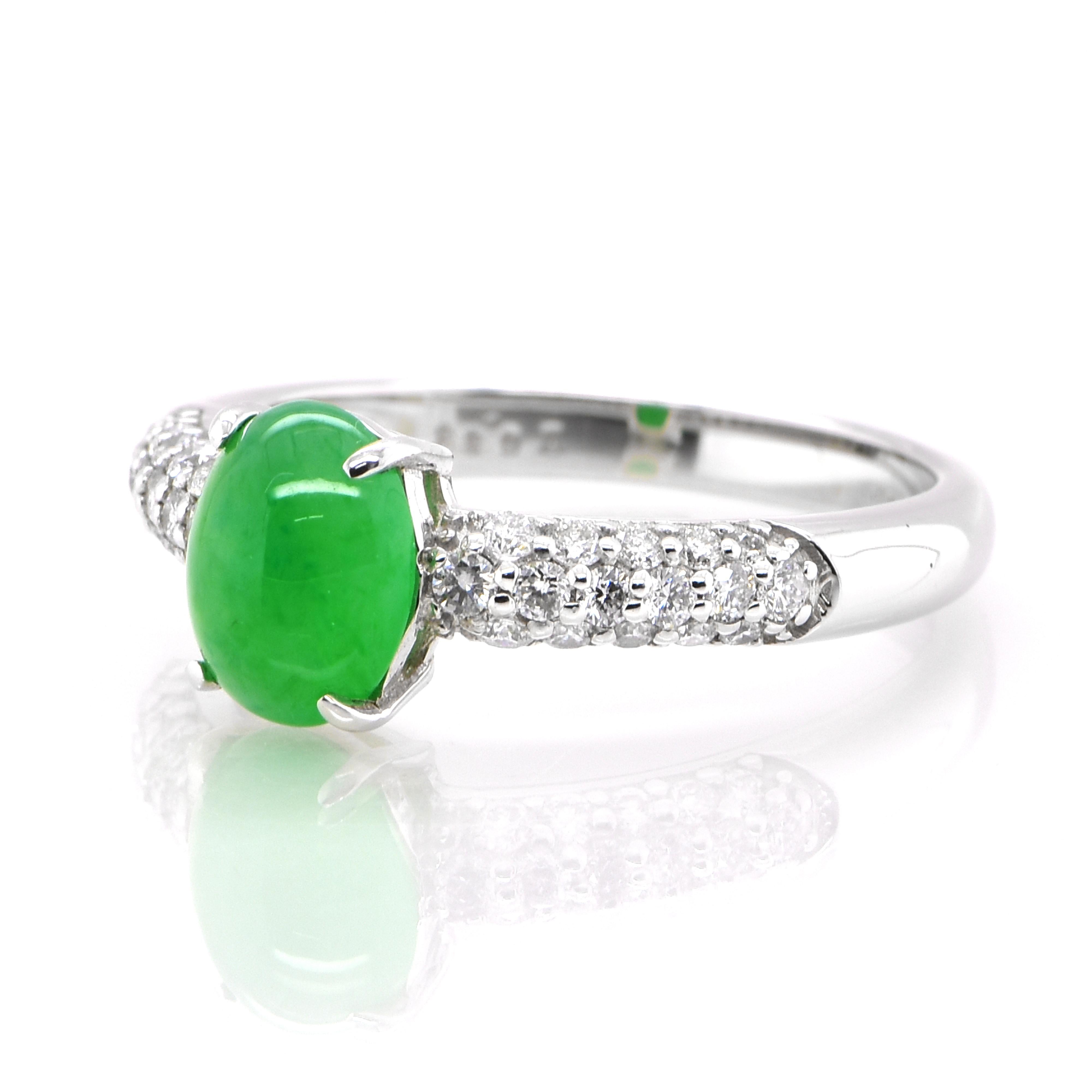 A beautiful Ring featuring a 1.19 Carat, Natural, Non-dyed Jadeite and 0.33 Carats of Diamond Accents set in Platinum. Jadeite has been cherished for millennia. Its nature is pure and enduring, yet sensuous and luxurious. Jadeite’s exceptional look