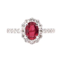 1.19 Carat, Natural, Ruby and Diamond Halo Ring Set Platinum