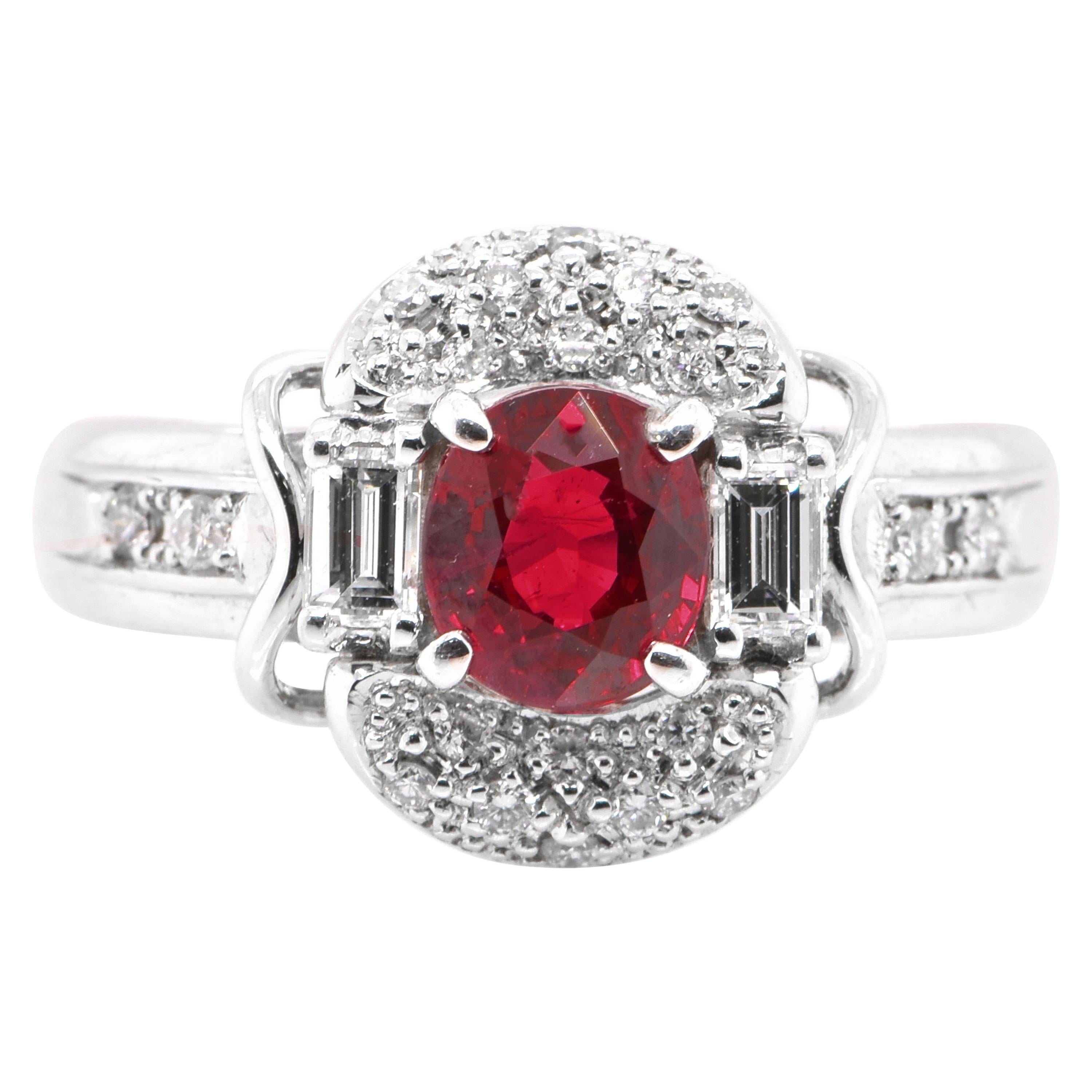 1.19 Carat Natural Vivid Red Ruby and Diamond Ring Set in Platinum
