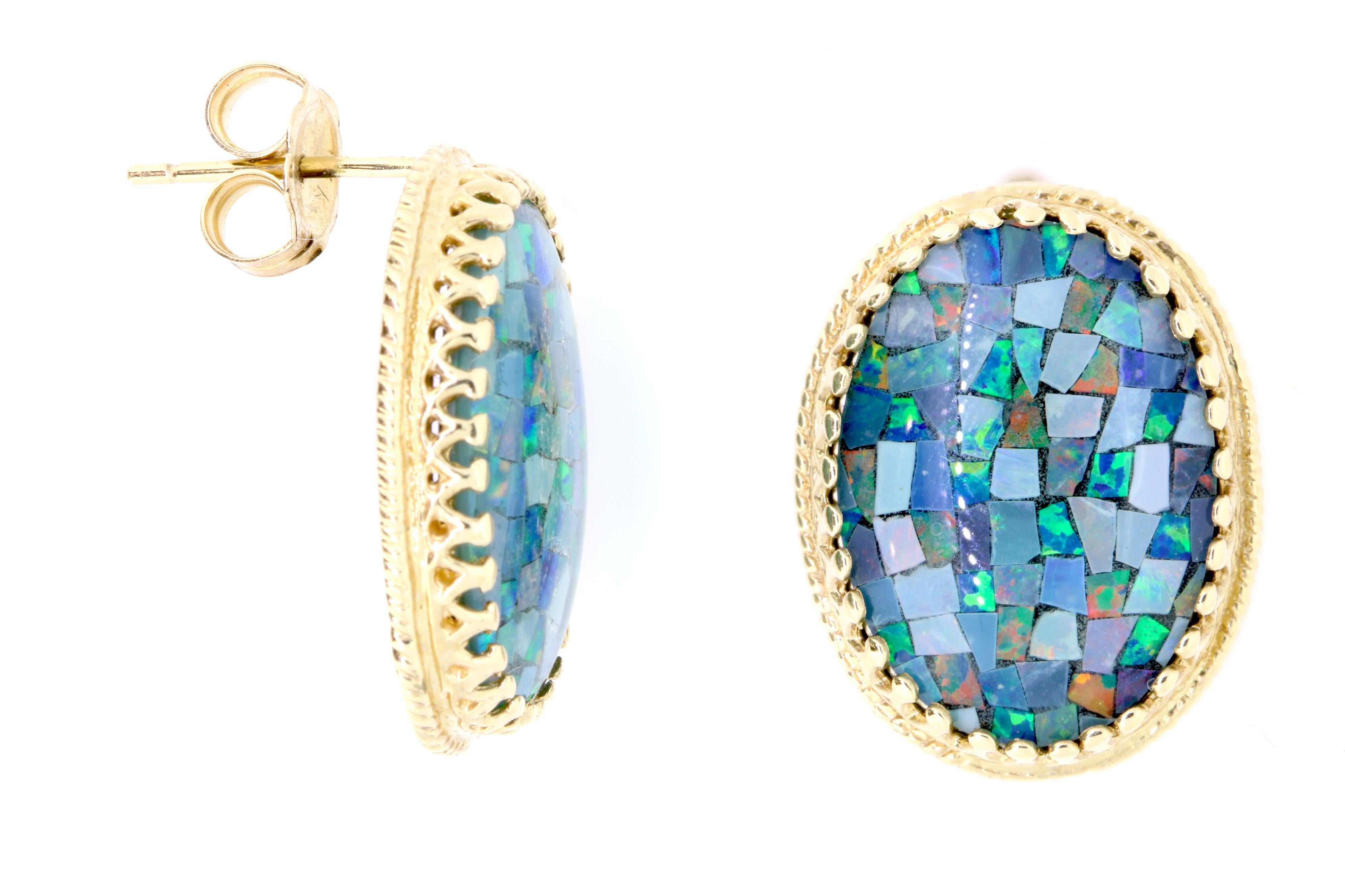 Material: 14K Yellow Gold 
Stone Details: 2 Oval Opals at 11.9 Carats

Fine one-of-a-kind craftsmanship meets incredible quality in this breathtaking piece of jewelry.

All Alberto pieces are made in the U.S.A. and come with a lifetime warranty!