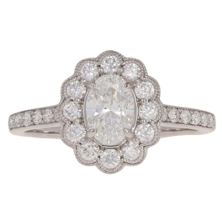 1.19 Carat Oval Cut Diamond Halo Engagement Ring, 18 Karat White Gold Floral GIA