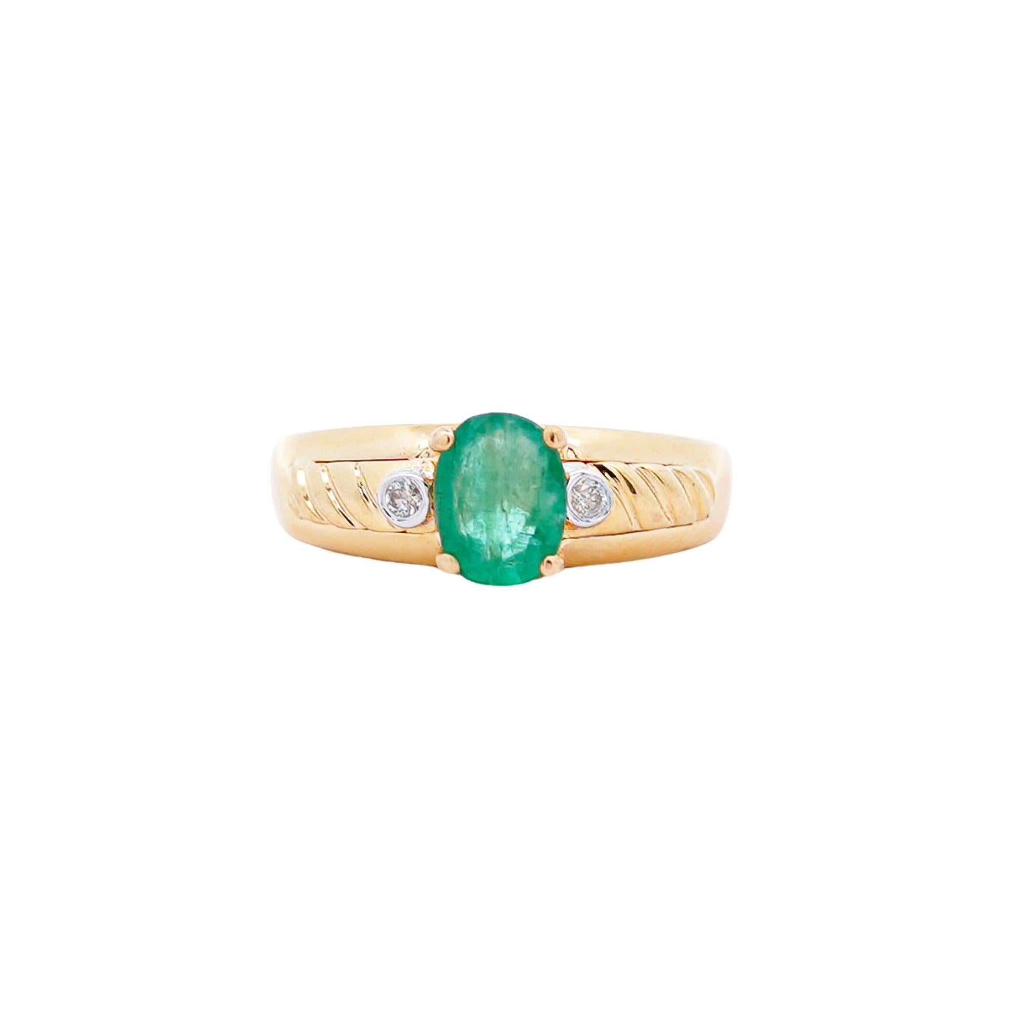 1.19 Carat Oval Cut Emerald & Diamond 14K Gold Statement Ring For Sale 2